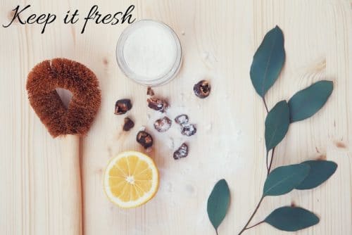 On a pine background is a scrubbing brush, half an orange, a small glass container of baking soda, a gum tree branch and scattered gumnuts. The caption is keep it fresh.