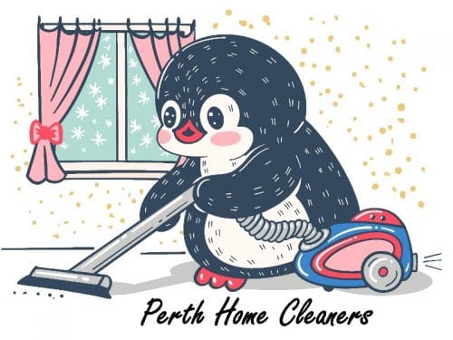illustration of a penguin vacuuming crumbs off the floor, next to a window with pink curtains, standing on the words Perth Home Cleaners