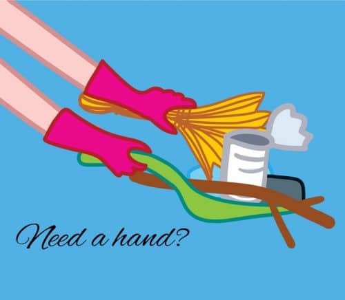 A cartoon of a person's arms and hands in pink gloves holding a green dustpan and yellow brush, sweeping up a can and a branch. The words Need a hand are at the bottom.