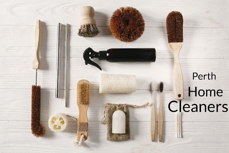 various cleaning brushes and a spray bottle captioned Perth home cleaners