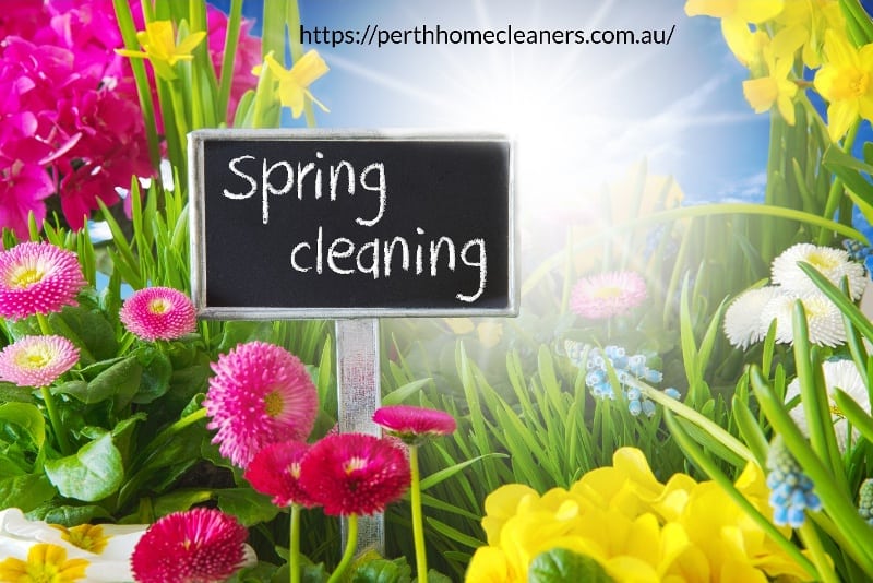 spring cleaning sign in a bed of colourful flowers